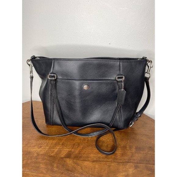 Coach Black Peyton Crossgrain Leather Pocket Tote Shoulder Handbag Purse F25667 - Picture 1 of 11